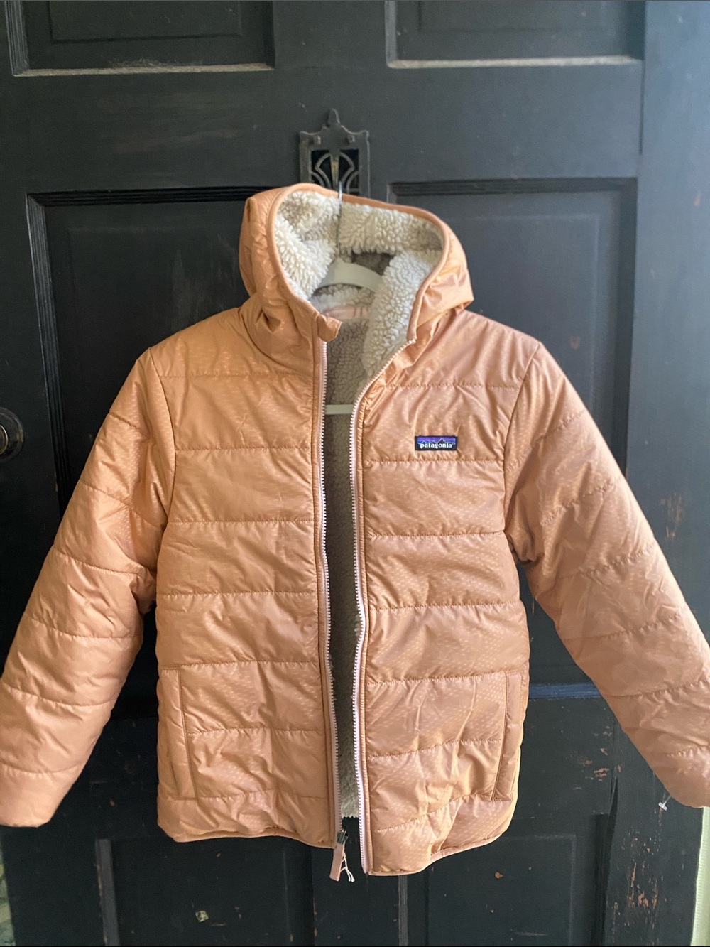 Patagonia Kids Puffer Jacket in Peach with Sherpa Lining